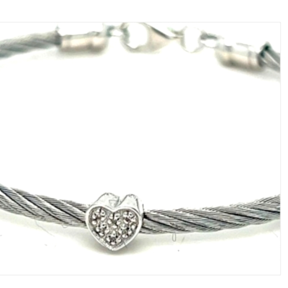 Diamond Heart Sterling Silver Cable Wire Bracelet